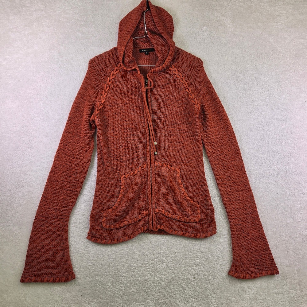 BCBGMAXAZRIA Burnt Orange Whipstitch Knit Zip Up Hoodie Sweater Large